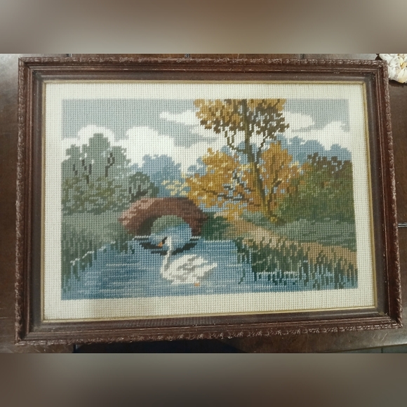 Other - Framed Swan Needlepoint Landscape Wall Art 13x17 in Blue, Green and Gold